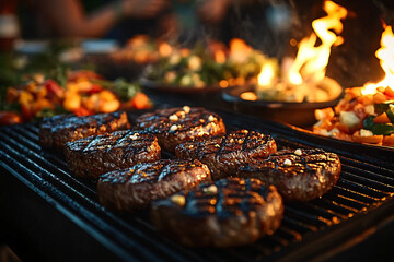 Close-up of grilled steaks and vegetables at a Labor Day barbecue, perfect for summer gatherings, outdoor parties, and culinary promotions.