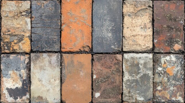 Detailed surface of aging rectangular brick pavers laid in orderly rows pattern - Powered by Adobe