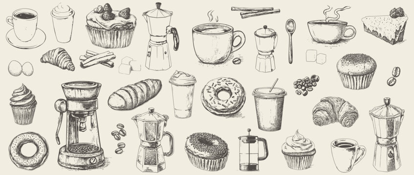 Vintage sketch of coffee elements and pastries, showcasing classic cafe and bakery items