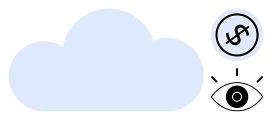 Blue cloud, dollar sign, and eye with rays convey cloud data, online finance, cost management, and analytics. Ideal for technology, economy, finance strategy cloud data insight flat simple