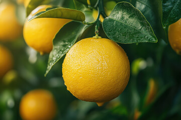 Bunch of ripe lemons hanging from a tree in a sunny orchard.