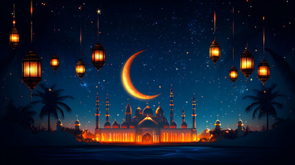 Nighttime Mosque Scene with Lanterns and Crescent Moon (1)