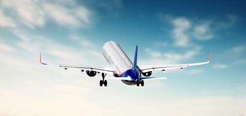 Commercial airplane flying in blue sky, preparing for landing.