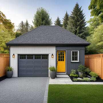 A cozy detached garage converted into a small separate dwelling unit on a suburban property, showcasing the concept of accessory dwelling units and flexible living spaces.