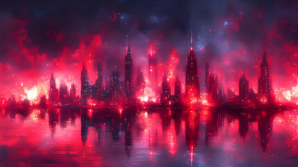 Fototapeta premium Fiery Red Cityscape at Night with Starry Sky Reflection