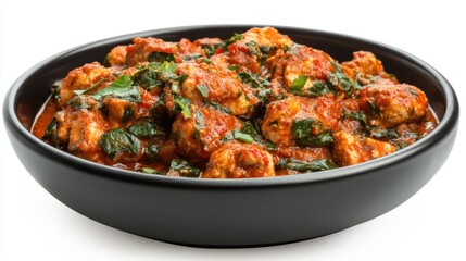 Fototapeta premium Chicken tikka masala with spinach in a black bowl isolated on a white background.