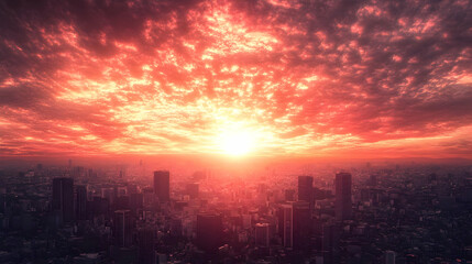 Fiery Red Sunset Over City Skyline