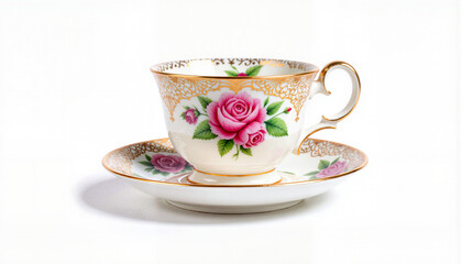 Antique teacup adorned with floral patterns, timeless elegance