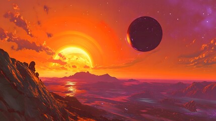 A beautiful planetary sunset on an alien world with a moon