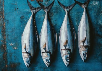 Obraz premium Freshly Caught Fish Displayed on Rustic Blue Surface in Market Environment Showcasing Natural Colors and Textures of Marine Life