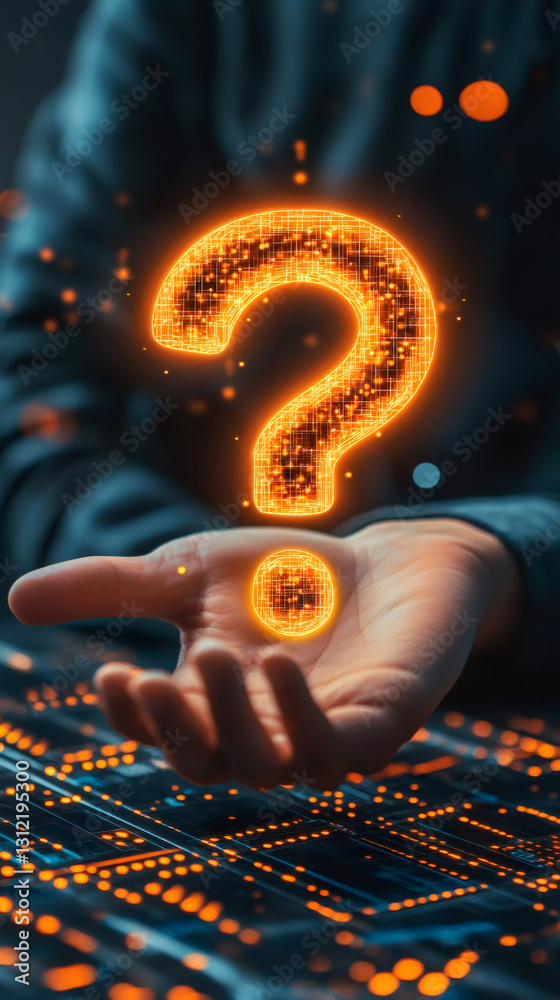 Aufkleber Programmer examining holographic question mark hovering over electronic circuit board, symbolizing tech exploration and problem-solving