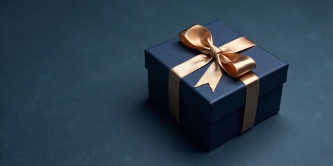 A luxuriously wrapped present, a dark blue box adorned with a golden ribbon, suggests a thoughtful gift or special occasion.