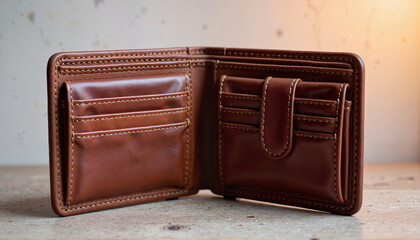 Vintage leather wallet displaying compartments on soft gradient background, nostalgia