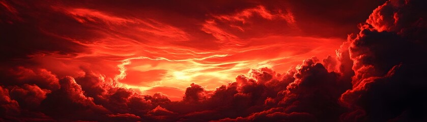 Fototapeta premium Fiery sky with vibrant red clouds and golden horizon