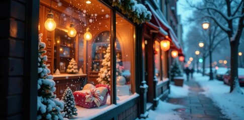 Obraz premium Snowflakes gently fall on a colorful shop window with festive lights and decorations, winter scene, frosty morning