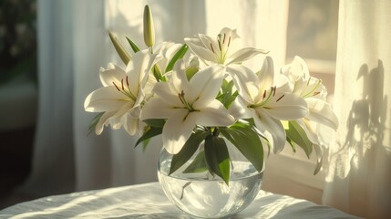White lilies in a glass vase, illuminated by soft light through the window generative ai