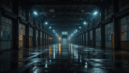 Fototapeta premium Abandoned Industrial Warehouse Interior with Reflections on Wet Floor and Moody Atmospheric Lighting