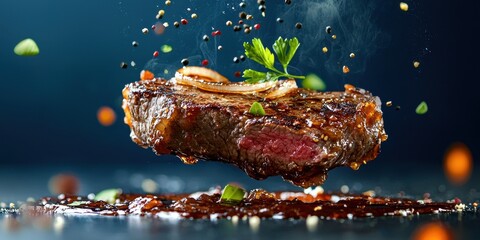 Floating steak with caramelized onion jam splashes on a deep royal blue background