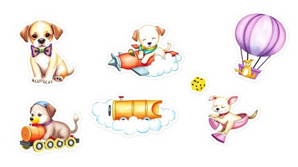 Fototapeta premium Adorable Puppy Illustrations Airplane Train Balloon Dice