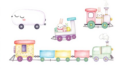 Cute Bunny Easter Train Watercolor Illustration Children s Book Print Card Design
