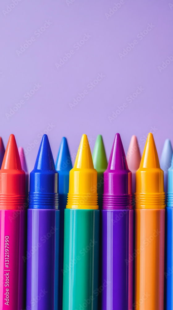 Poster colorful crayons standing in a row creating a vibrant pattern on a purple background, perfect for ar