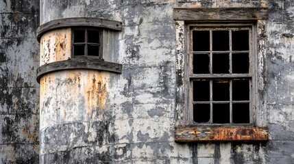Weathered concrete wall with two windows and a curved section.