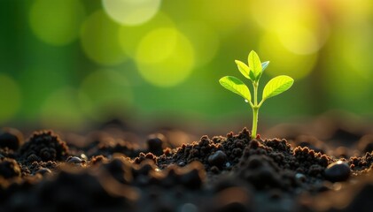 Sprouting thyme plant in soil with sunlight and water droplets, botany, sprout, nature