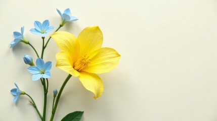 A vibrant yellow flower, prominent and elegant, complements a delicate cluster of light blue blossoms arranged artfully on a soft, off-white background.
