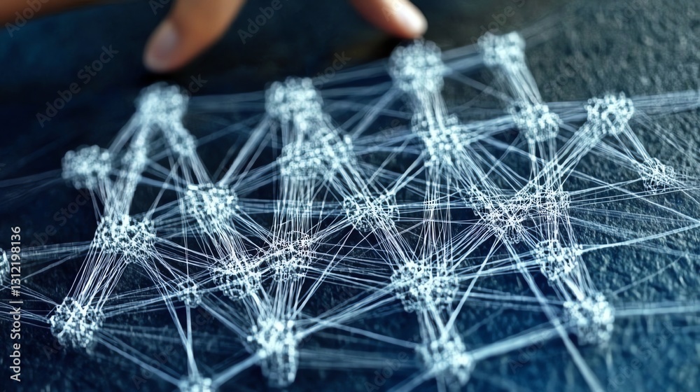 Poster exploring connected nodes network visualization with hand touching the structure