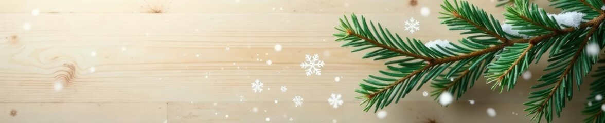 Obraz premium Spruce branch with snowflakes gently falling on a frosty beige wooden wall, evergreen, foliage, snowflake