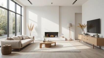 Modern Bright Living Room with Minimalist Decor and Cozy Atmosphere Filled with Natural Light