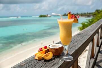 Obraz premium Tropical fruit smoothie on beach with ocean view