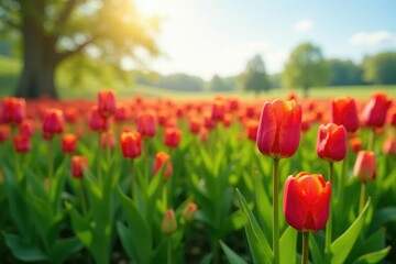 Fototapeta premium Tulip field swaying gently in the spring breeze, countryside, green, spring