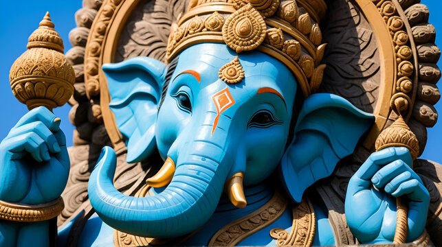 close-up ancient carving of clining peace Ganesha god, god of successful with blue clear sky background