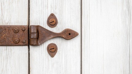 A rusty metal hinge on a white wooden door.