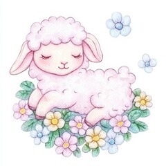 Naklejka premium Cute Cartoon Lamb Sleeping on a Bed of Colorful Flowers in a Playful Watercolor Style