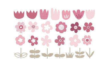Vector illustration of flower constructor, flower stems and buds. Cute abstract naive simple cartoon flowers. Kids design. Spring, summer. Plants. Scandinavian style. Perfect for children's products.