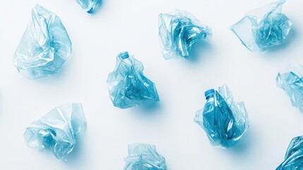 Fototapeta premium Crumpled plastic bottles scattered and isolated on a white background, representing recycled plastic materials and highlighting their environmental impact.