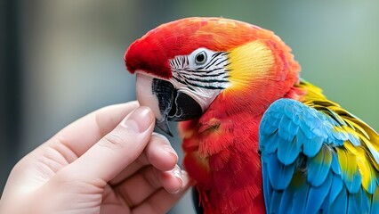 Fototapeta premium A vibrant macaw parrot with colorful feathers interacts with a person's hand. Concept Vibrant Macaw, Colorful Feathers, Interactive Moments, Bird and Human Connection, Wildlife Engagement