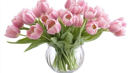Delicate pink tulip flowers arranged in a clear glass vase, isolated against a white background, showcasing their elegance and beauty.