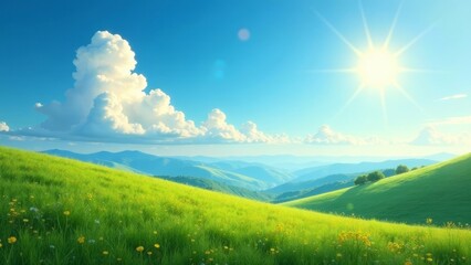 Serene Meadow Landscape Featuring Rolling Hills Under a Vivid Sunny Sky with Puffy Clouds