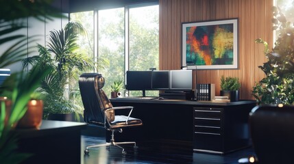 Fototapeta premium Modern Office Interior with Plants and Artwork