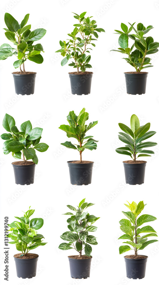 Poster diverse potted greenery displaying vibrant foliage in black containers, arranged neatly on pristine 