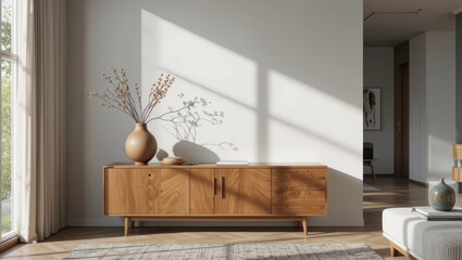 Contemporary Interior Design Showcase Featuring Wooden Sideboard and Decorative Vase with Natural Light