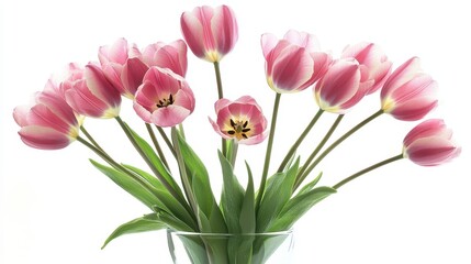 Fototapeta premium Delicate pink tulip flowers arranged in a clear glass vase, isolated against a white background, showcasing their elegance and beauty.