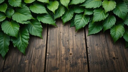 Lush Green Leaves Framing Rustic Wooden Background for a Natural and Organic Aesthetic