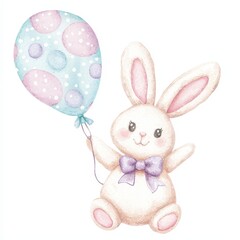 Obraz premium Cute Watercolor Bunny Holding Blue Polka Dot Balloon with Purple Bow and Cheerful Expression