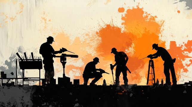 Construction workers silhouettes in action