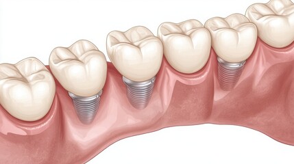 Detailed view of a jaw showcasing teeth and premolar implants, set against a white background.