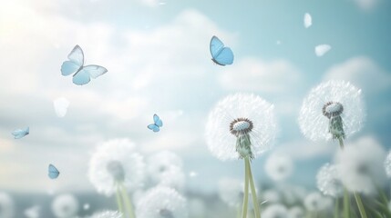 Obraz premium Light, airy scene of butterflies, dandelions, and soft light